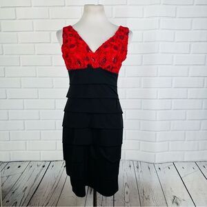 En Focus Studio Black & Red Rose Sparkle Bandage Midi Dress - Size 8